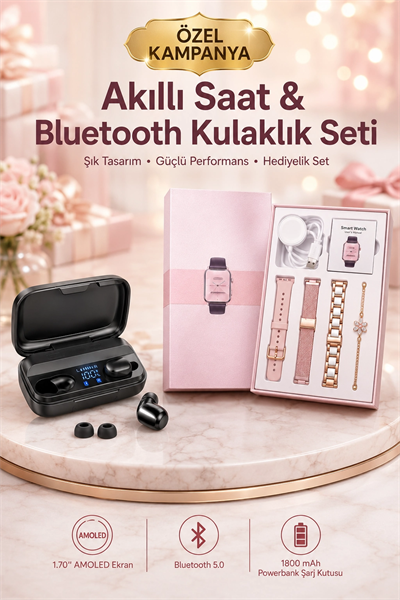 Wireless Şarjlı Pembe Akıllı Saat ve Kablosuz Bluetooth Kulaklık Dokunmatik Kontrol