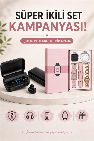 Wireless Şarjlı Pembe Akıllı Saat ve Kablosuz Bluetooth Kulaklık Dokunmatik Kontrol