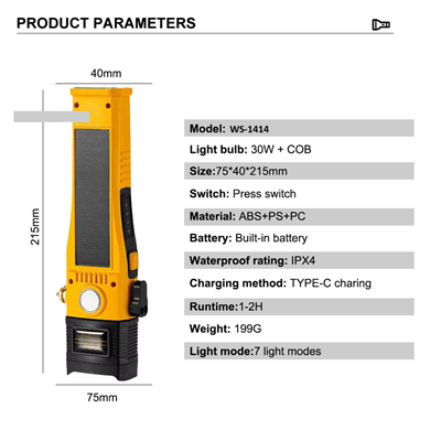 Wison Ws-1414 Cam Kıracaklı Dijital Göstergeli Mıknatıslı Şarjlı Acil Durum Tamirci Feneri