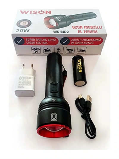 Wıson Ws-5572 20w Uzun Menzilli Şarjlı Metal El Feneri Bx40