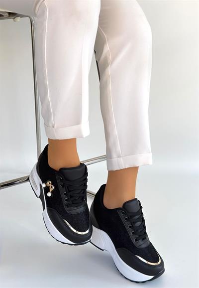 Wody Siyah Cilt Simli Bağcıklı Spor Ayakkabı