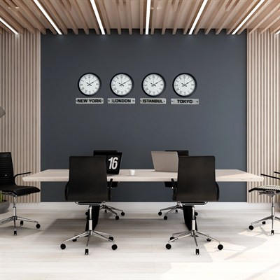 World Time Pro 4’lü Metal Siyah 36 cm Dünya Duvar Saati