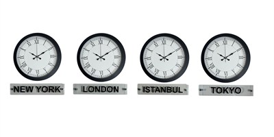 World Time Pro 4’lü Metal Siyah 36 cm Dünya Duvar Saati