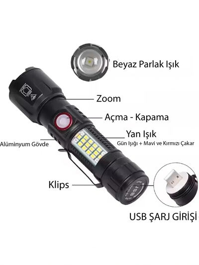 Ws-2828 Ultra Usb Şarjlı Polis El Feneri, Bekçi, Asker El Feneri Kırmızı Mavi Çakarlı 1000 Lümen Bx40