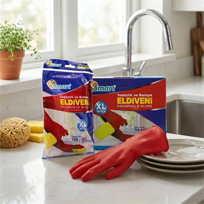 XL Beden Temizlik ve Bulaşık Eldiveni - Doğal Pamuk Astarlı - Plastik