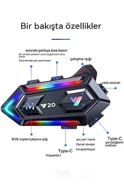 Y20 Motor Kurye Kask Kulaklık Rgb Modlu Bluetooth Motosiklet Kulaklık 5.3 Bluetooth Interkom