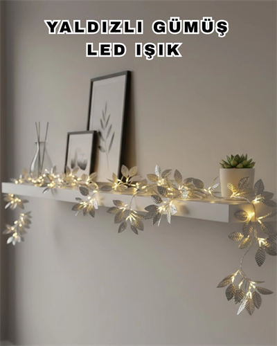 Yaldızlı Gümüş Yaprak LED Işık Pilli Dekoratif Ortam ve Yılbaşı Aydınlatması