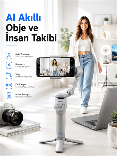 Yapay Zeka Takipli Telefon Gimbali Katlanabilir Tripod Bluetooth Kontrollü Dahili LED Işıklı