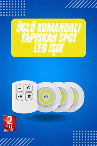 Yapışkanlı 3lü Spot Led Işık Lamba Montajsız Pilli Uzaktan Kumandalı