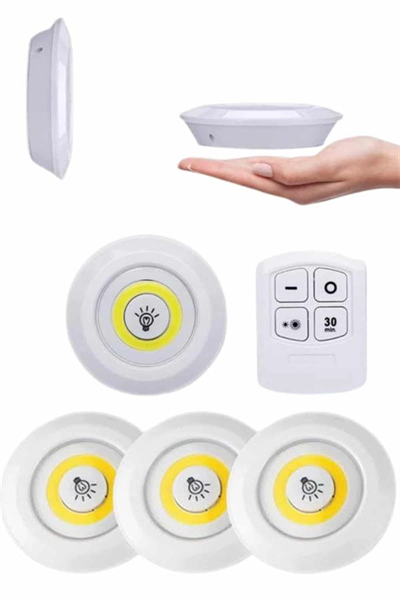 Yapışkanlı 3lü Spot Led Işık Lamba Montajsız Pilli Uzaktan Kumandalı
