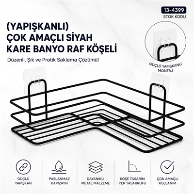 Yapışkanlı Çok Amaçlı Siyah Kare Banyo Raf Köşeli Bx40