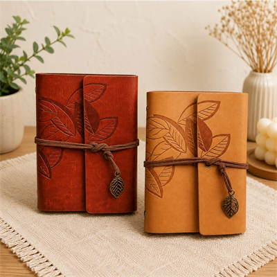 Yaprak Desenli Retro Deri Defter - Vintage Ajanda