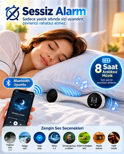 Yastık Altında Kullanılan Bluetooth Uyku Hoparlörü Sessiz Alarm Rahatlatıcı Sesler ve 8 Saat Kesintisiz Müzik