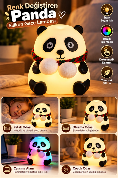 Yatak Odası Çocuk Odası İçin Renk Değiştiren Panda Silikon Gece Lambası