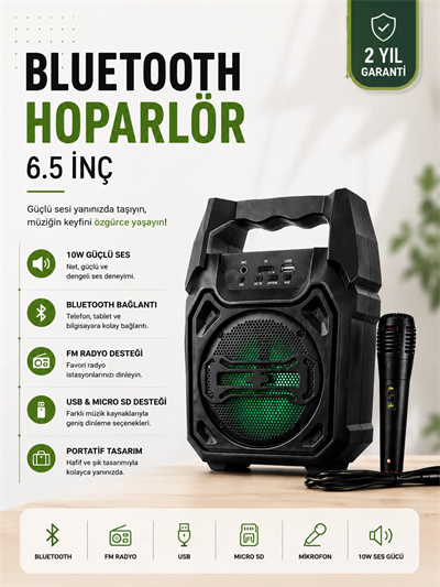 Yeni Nesil 6.5 İnç Bluetooth Hoparlör Mikrofonlu Taşınabilir Ses Sistemi