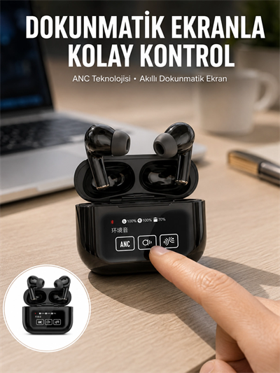 Yeni Nesil ANC Özellikli Çağrı Cevaplayan Dokunmatik Ekranlı Bluetooth Kulaklık Siyah Yeni Nesil