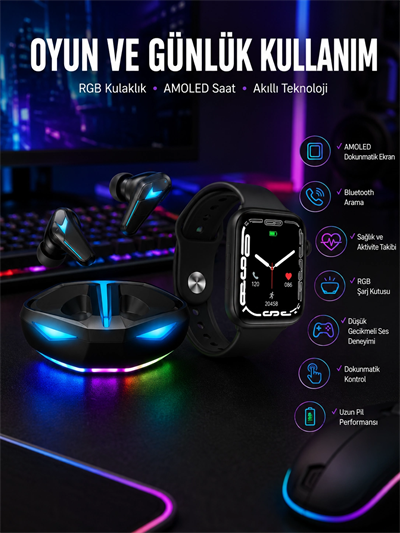 Yeni Nesil Akıllı Saat ve Kablosuz Kulaklık Kampanyası İkili Set Bluetooth Bağlantılı