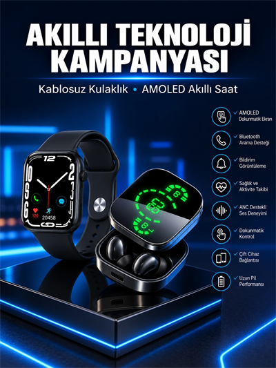 Yeni Nesil Akıllı Saat ve Ucuz Kaliteli Bluetooth Kablosuz Kulaklık Amoled Ekran