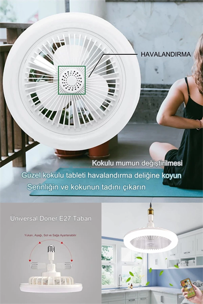 Yeni Nesil E27 Duylu Kumandalı Tavan Vantilatörlü Led Lamba 3 Hız Ayarı ve 3 Renk Ayarı