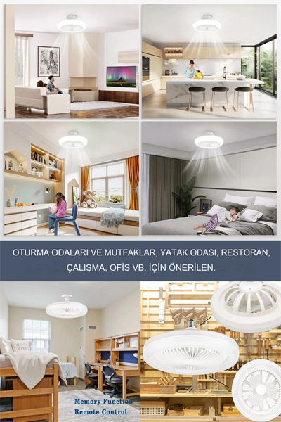 Yeni Nesil E27 Duylu Kumandalı Tavan Vantilatörlü Led Lamba 3 Hız Ayarı ve 3 Renk Ayarı