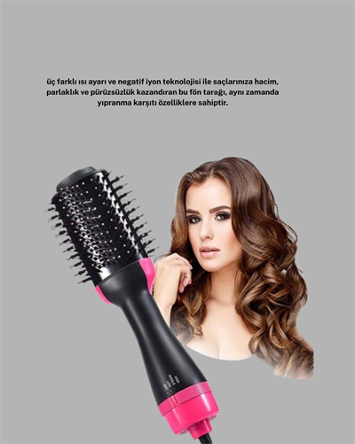 Yeni Nesil Fön Tarağı – 220°C Isı, Negatif İyon, 360° Dönebilen Kablo