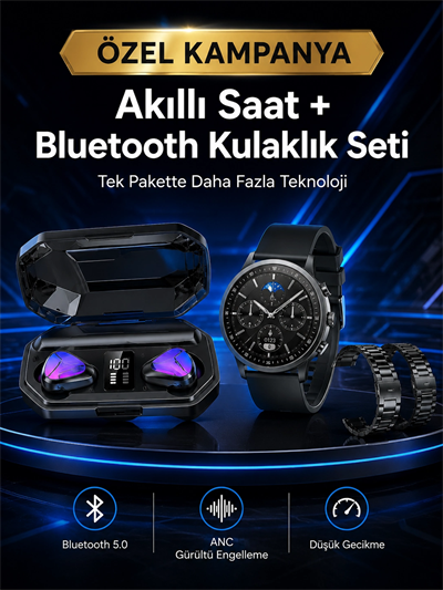Yeni Nesil Kampanyası Bluetooth Bağlantılı Akıllı Saat ve Kablosuz Kulaklık Dijital Göstergeli