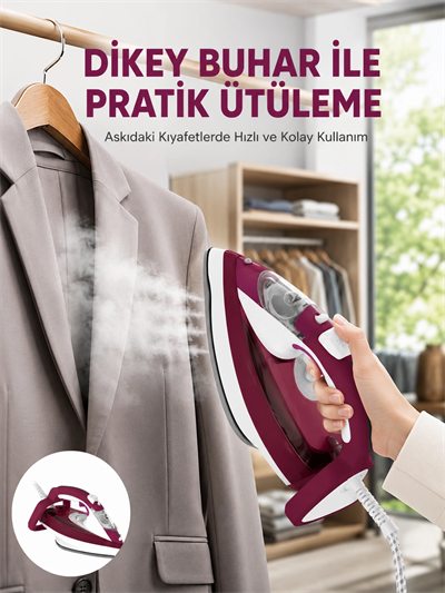 Yeni Nesil Kırmızı Buharlı Ütü 2200 Watt Seramik Tabanlı Yüksek Buhar Gücü