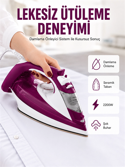 Yeni Nesil Kırmızı Buharlı Ütü 2200 Watt Seramik Tabanlı Yüksek Buhar Gücü Yeni Nesil