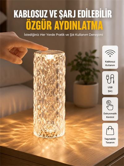 Yeni Nesil Modern Kristal Masa ve Gece Lambası Dokunmatik Renk Değiştirebilen