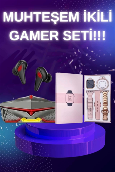 Yeni Nesil Pembe Dokunmatik Ekran Akıllı Saat ve Oyuncu Kulaklığı Kablosuz Bluetooth Kulaklık