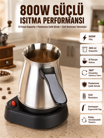 Yeni Nesil Türk Kahve Makinesi Cezvesi Siyah Gri Kablolu Pratik