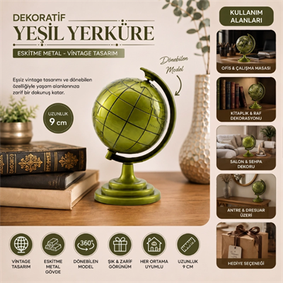 Yeşil Eskitme Dünya Biblosu - Metal - Küçük Boy - Dekoratif Süs Eşyası