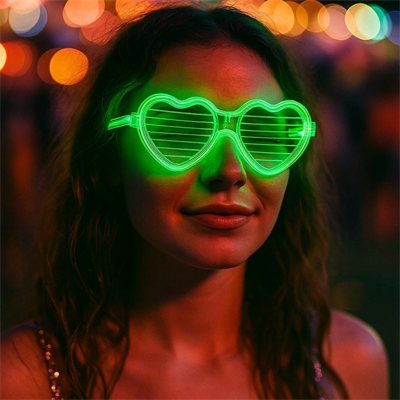 Yeşil Led Işıklı Kalp Gözlük – 3 Modlu Parti  Glow Gözlüğü