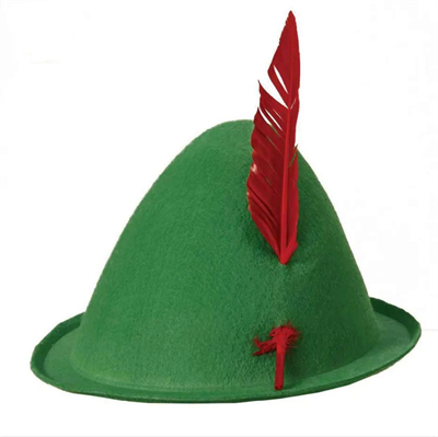 Yeşil Renk Kırmızı Tüylü Peter Pan Şapkası Robin Hood Şapkası 24x23 Cm