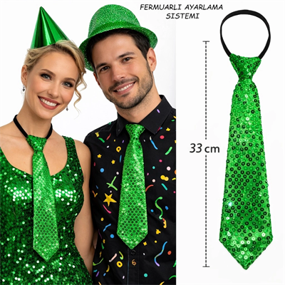 Yeşil Renk Pul Payetli Işıltılı Parti Kravatı 33 Cm