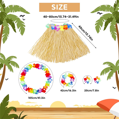 Yetişkin Çocuk Hawaii Parti Seti - 40 Cm Naturel Etek + Çiçek Aksesuarlar (5 Parça) Bx40