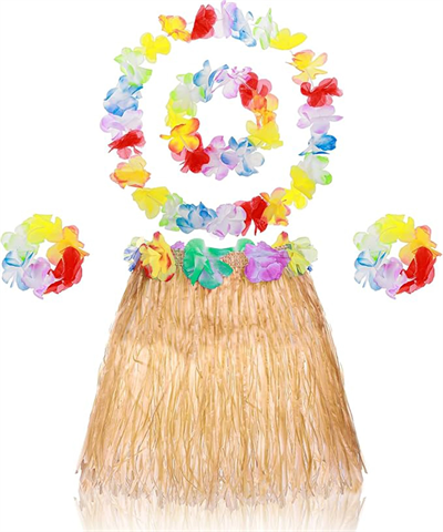 Yetişkin Çocuk Hawaii Parti Seti - 40 Cm Naturel Etek + Çiçek Aksesuarlar (5 Parça) Bx40