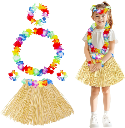 Yetişkin Çocuk Hawaii Parti Seti - 40 Cm Naturel Etek + Çiçek Aksesuarlar (5 Parça) Bx40