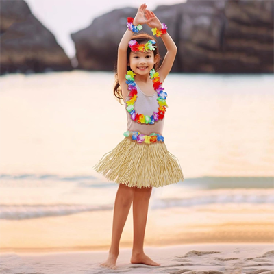 Yetişkin Çocuk Hawaii Parti Seti - 40 Cm Naturel Etek + Çiçek Aksesuarlar (5 Parça) Bx40