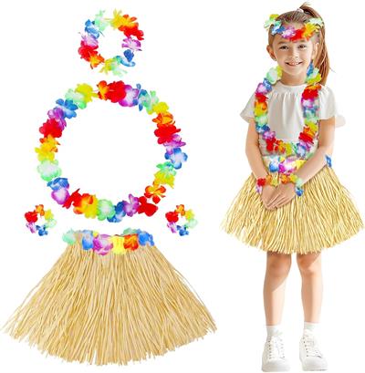 Yetişkin Çocuk Hawaii Parti Seti - 40 cm Naturel Etek + Çiçek Aksesuarlar (5 Parça) (3936)