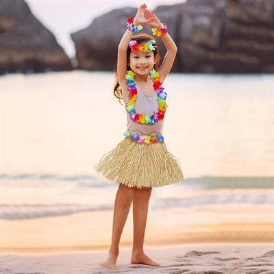 Yetişkin Çocuk Hawaii Parti Seti - 40 cm Naturel Etek + Çiçek Aksesuarlar (5 Parça) (3936)