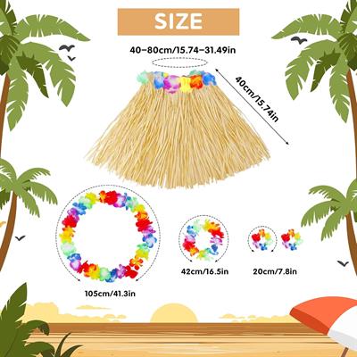 Yetişkin Çocuk Hawaii Parti Seti - 40 cm Naturel Etek + Çiçek Aksesuarlar (5 Parça) (3936)