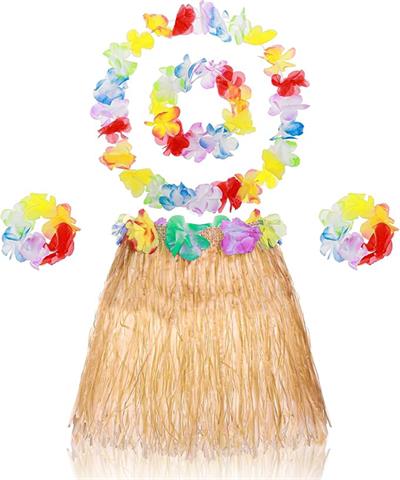 Yetişkin Çocuk Hawaii Parti Seti - 40 cm Naturel Etek + Çiçek Aksesuarlar (5 Parça) (3936)