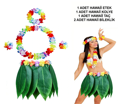 Yetişkin Hawaii Kostüm Seti - Yaprak Etek & Hawaii Set - 5 Parça