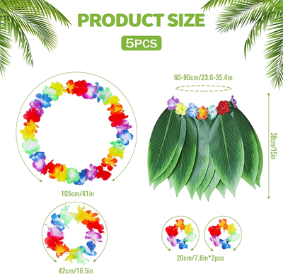 Yetişkin Hawaii Kostüm Seti - Yaprak Etek & Hawaii Set - 5 Parça