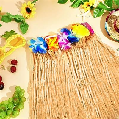 Yetişkin ve Çocuk Uyumlu Saman Renk Hawaii Luau Hula Etek 40 cm 12 Adet (3936)