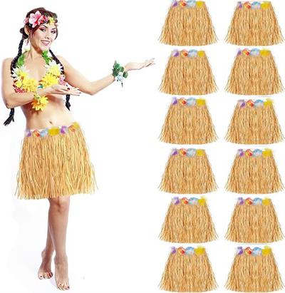 Yetişkin ve Çocuk Uyumlu Saman Renk Hawaii Luau Hula Etek 40 cm 12 Adet (3936)