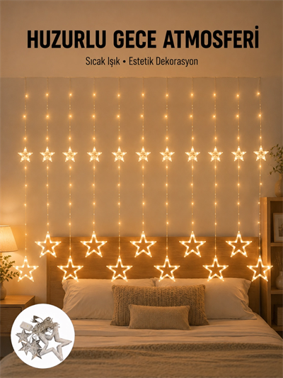 Yıldız Desenli Perde Tipi Peri Led 3x3 Metre Aydınlatma Yeni Nesil