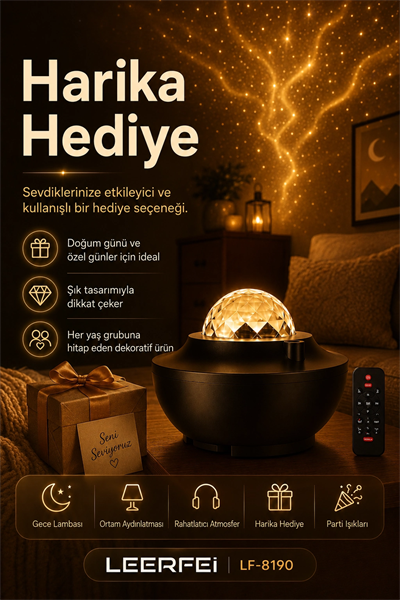 Yıldız Efektli Projektör Gece Lambası Müzik Destekli Ambiyans Ve Parti Işığı