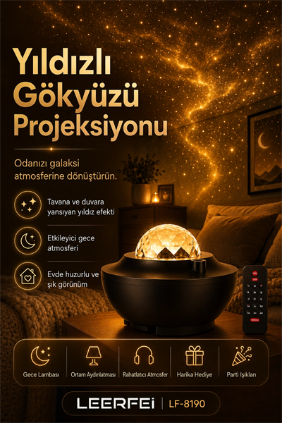 Yıldız Efektli Projektör Gece Lambası Müzik Destekli Ambiyans Ve Parti Işığı